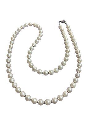 Plastic Faux Pearl Beaded Necklace Clear Spacer Beads 26 inches Long